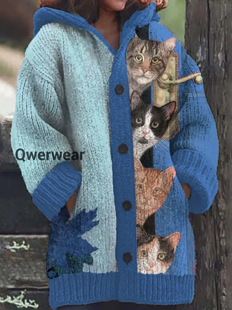 Women’s Fun Cat Pattern Casual Warm Button Hooded Cardigan Blue / S