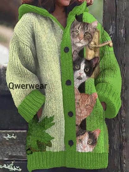 Women’s Fun Cat Pattern Casual Warm Button Hooded Cardigan Green / S