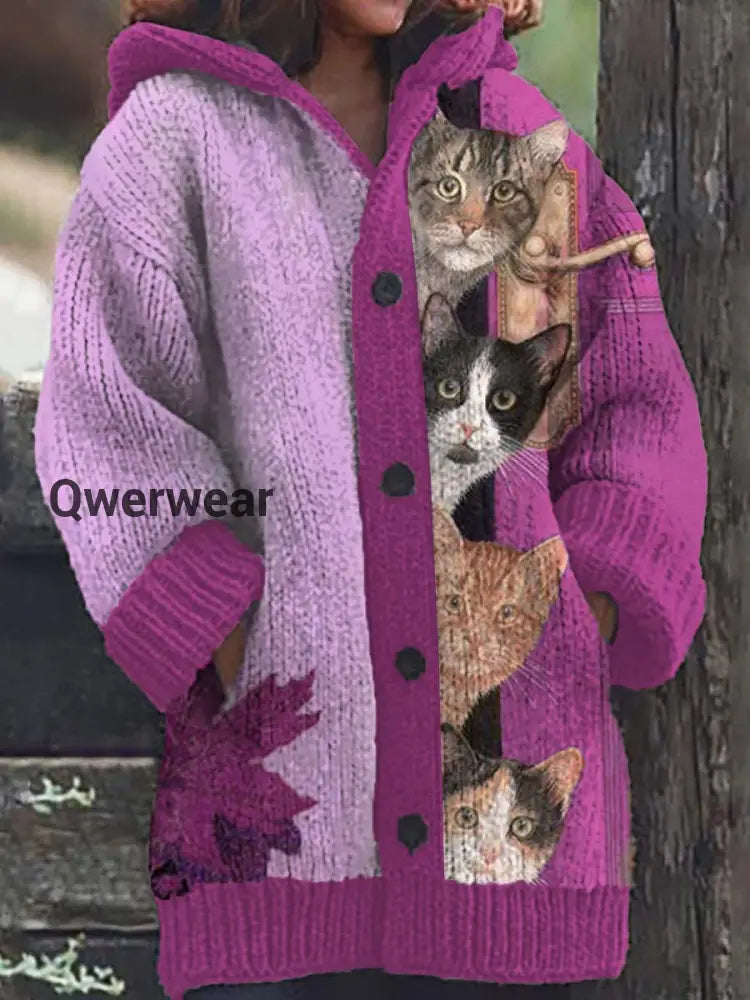 Women’s Fun Cat Pattern Casual Warm Button Hooded Cardigan Purple / S