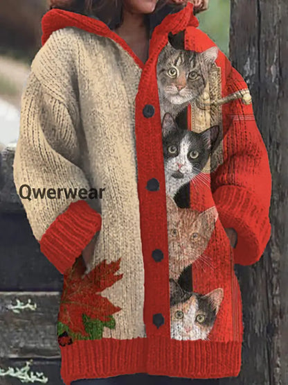 Women’s Fun Cat Pattern Casual Warm Button Hooded Cardigan Red / S