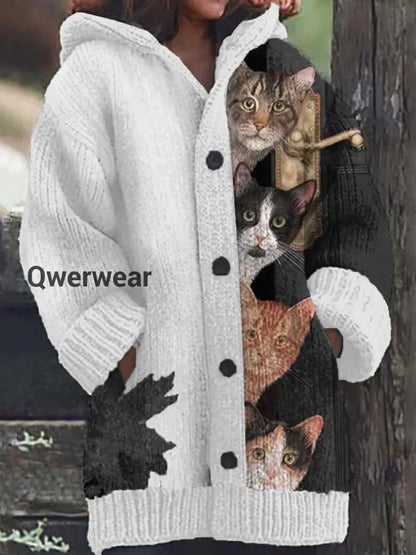 Women’s Fun Cat Pattern Casual Warm Button Hooded Cardigan White / S