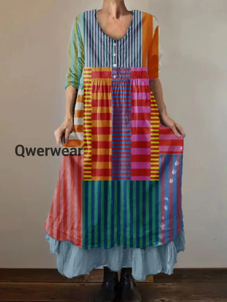 Women’s Geometric Art Print Cotton and Linen Double Layer Dress Colorful / S