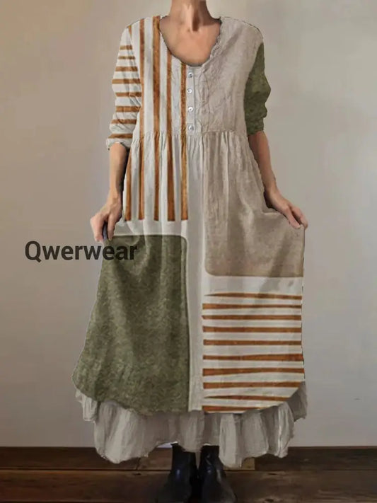 Women’s Geometric Art Print Cotton and Linen Double Layer Dress Green / S