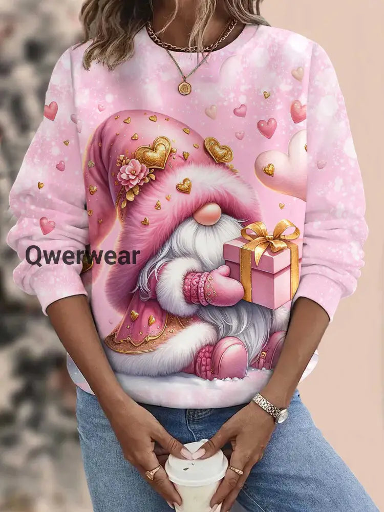 Women’s Heart Gnome Round Neck Long Sleeve Top multicolor / S