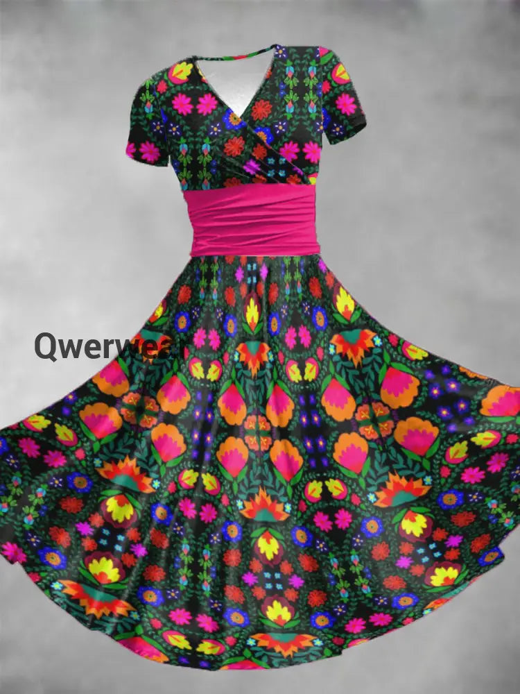 Women’s Mexican Fiesta Cinco De Mayo Floral Art Printed Dress Black / S