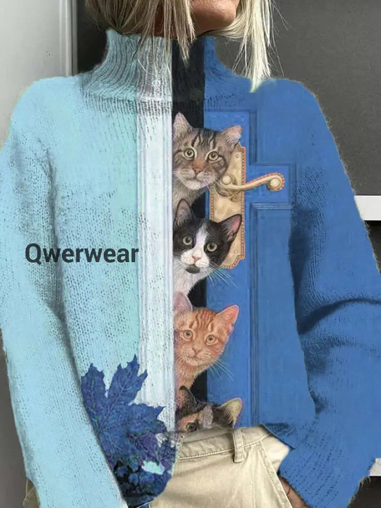 Women’s Open Door Cat Fun Pattern Warm Casual Turtleneck Sweater Blue / S