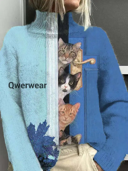 Women’s Open Door Cat Fun Pattern Warm Casual Turtleneck Sweater Blue / S
