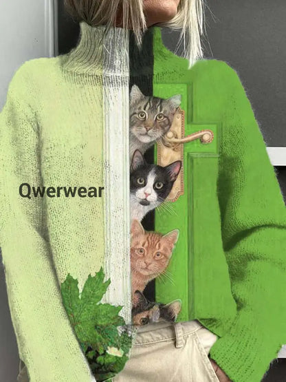 Women’s Open Door Cat Fun Pattern Warm Casual Turtleneck Sweater Green / S