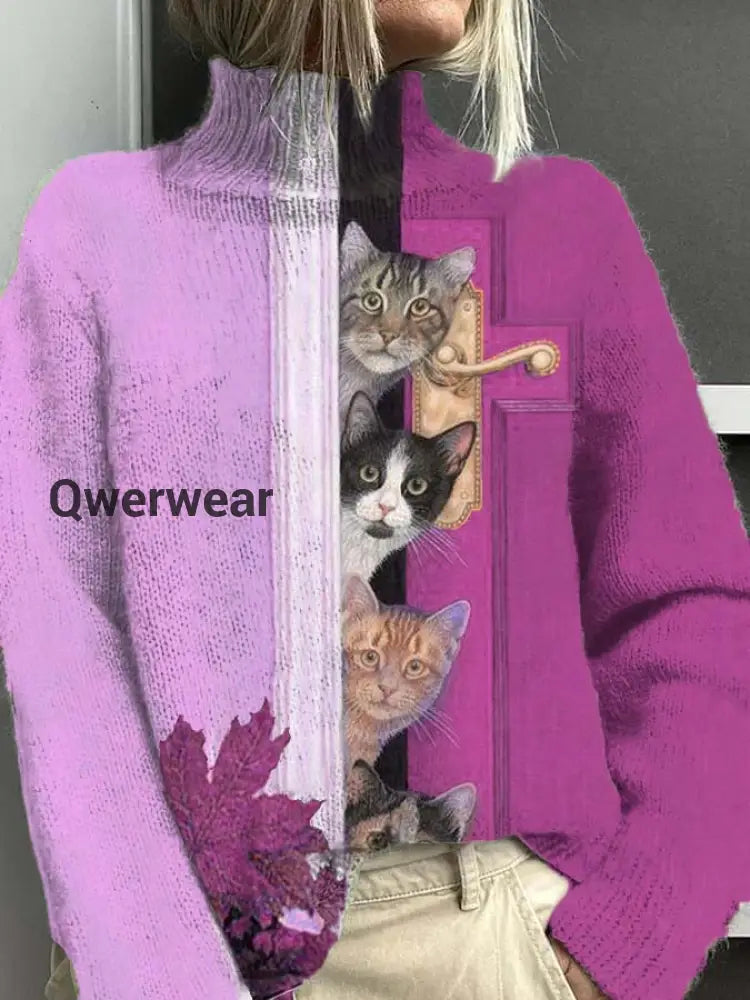 Women’s Open Door Cat Fun Pattern Warm Casual Turtleneck Sweater Purple / S