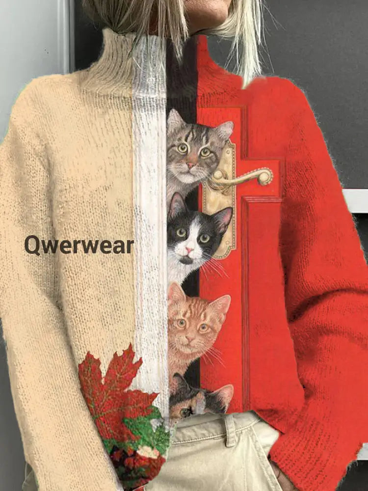 Women’s Open Door Cat Fun Pattern Warm Casual Turtleneck Sweater Red / S