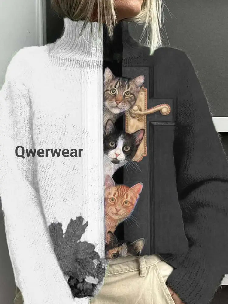 Women’s Open Door Cat Fun Pattern Warm Casual Turtleneck Sweater White / S