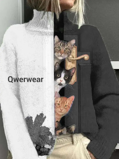 Women’s Open Door Cat Fun Pattern Warm Casual Turtleneck Sweater White / S