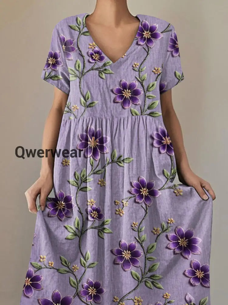 Women’s Purple Floral Print Alzheimer’s Awareness Support V-Neck Dress