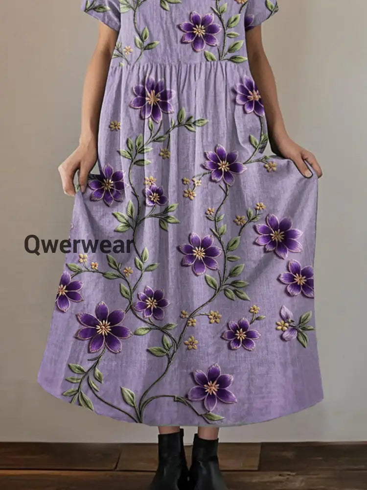 Women’s Purple Floral Print Alzheimer’s Awareness Support V-Neck Dress