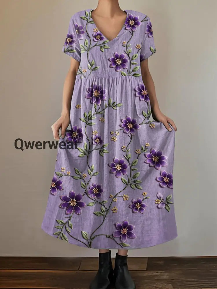 Women’s Purple Floral Print Alzheimer’s Awareness Support V-Neck Dress Purple / S