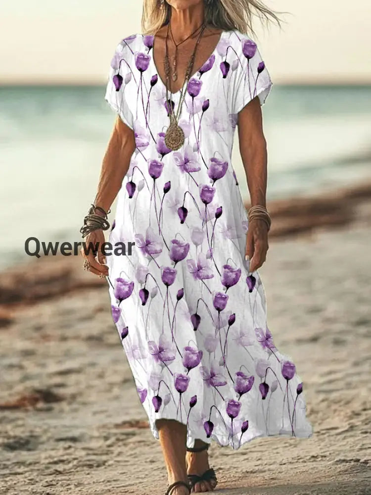 Women’s Purple Floral Print Alzheimer’s Awareness Support V-Neck Dress White / S
