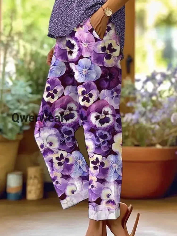 Women’s Purple Pansy Print Alzheimer’s Awareness Support Pants