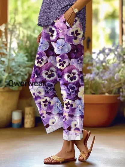 Women’s Purple Pansy Print Alzheimer’s Awareness Support Pants Purple / S