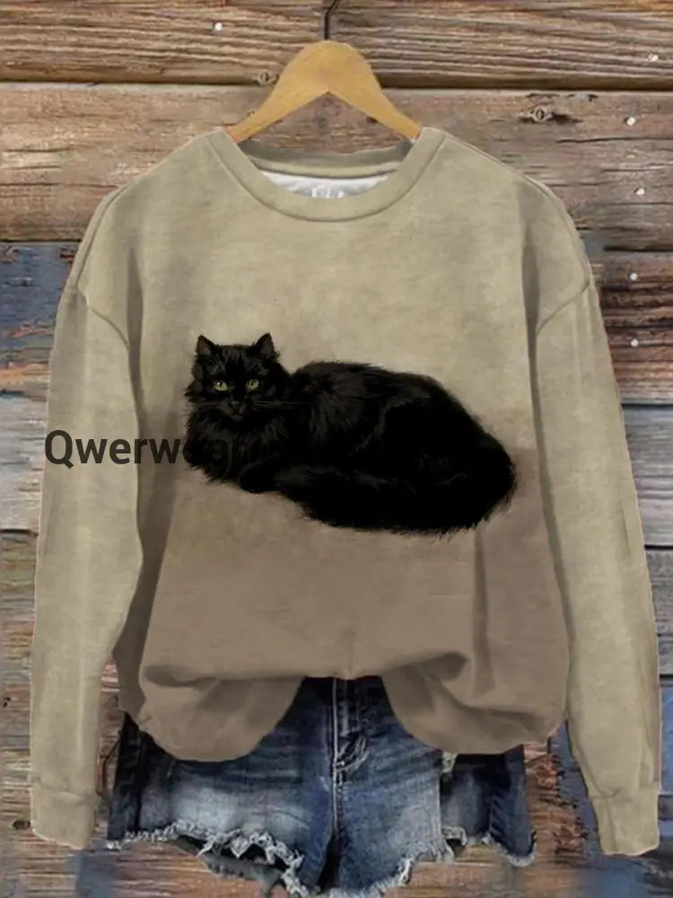Women’s Retro Black Cat Print Crew Neck Long Sleeve Top multicolor / S Women\’s Tops