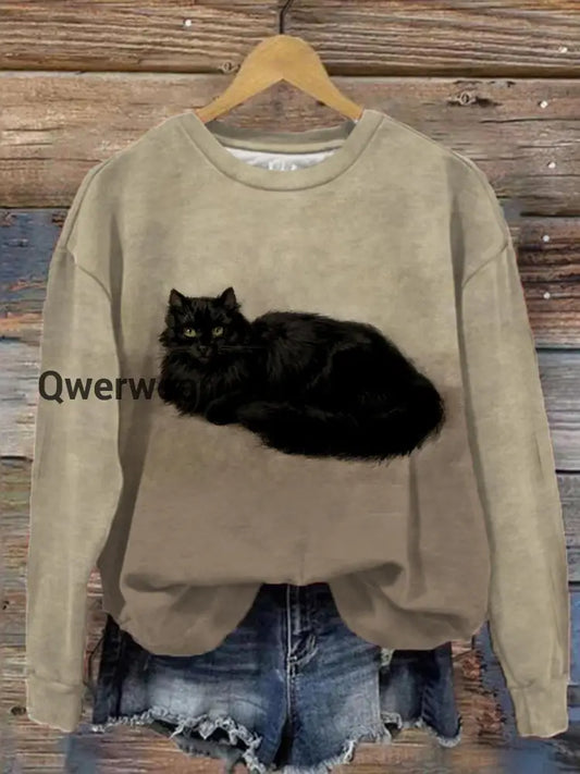 Women’s Retro Black Cat Print Crew Neck Long Sleeve Top multicolor / S Women\’s Tops