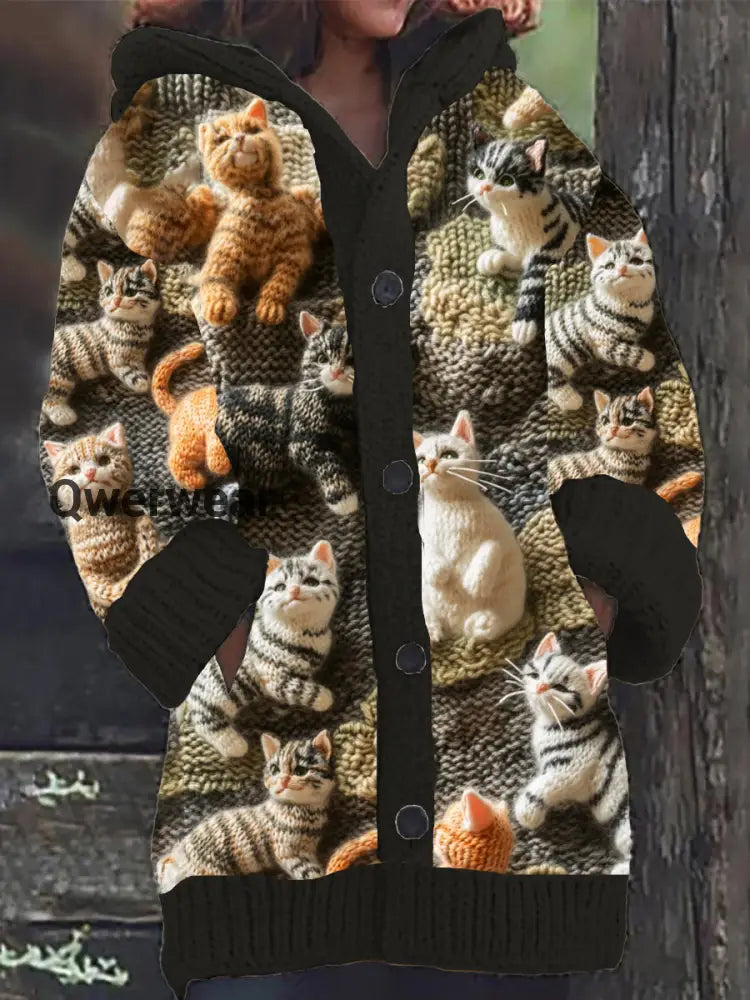 Women’s Retro Cat Embroidered Art Print Button Thick Long Sleeve Hooded Cardigan Colorful / S