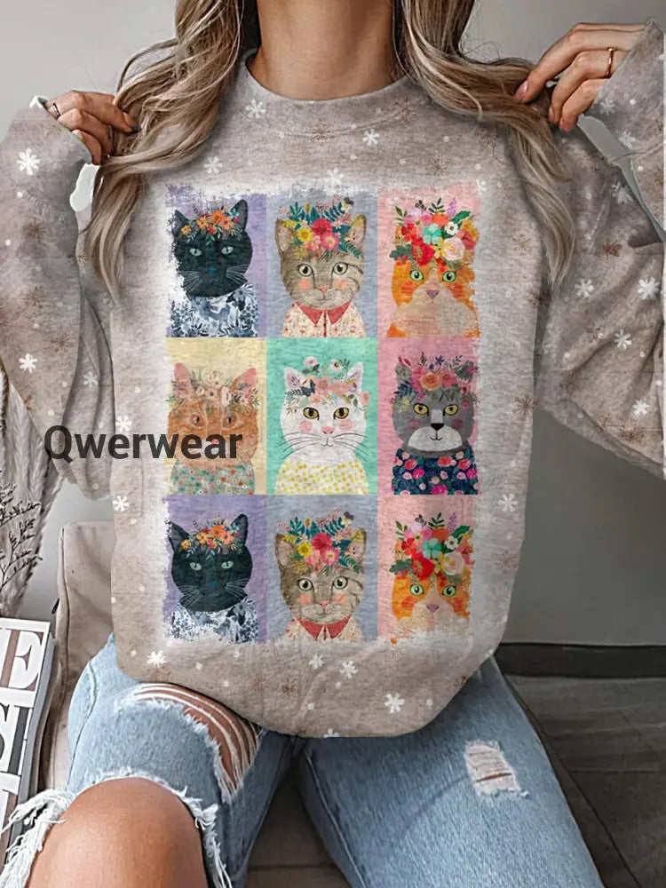 Women’s Retro Cat Printed Long Sleeve Casual Top Mixed Color / S Women\’s Tops