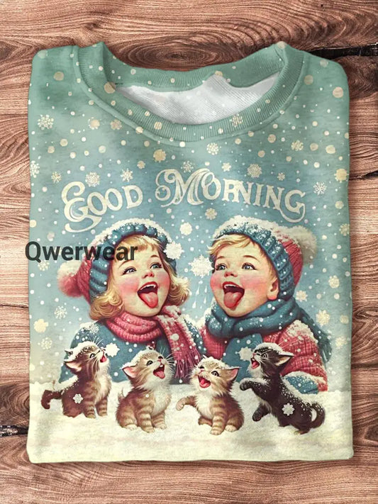 Women’s Retro Christmas Cat Printed Long Sleeve Casual Top Mixed Color / S Women\’s Tops