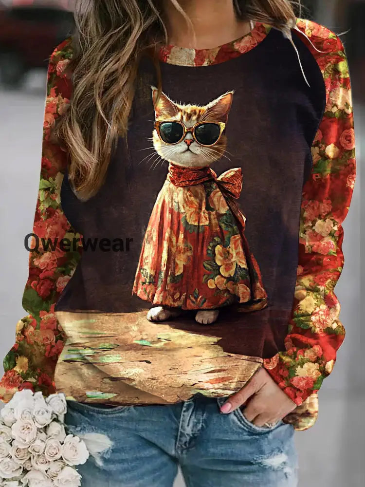 Women’s Retro Floral Cat Print Long Sleeve Casual Top Mixed Color / S Women\’s Tops