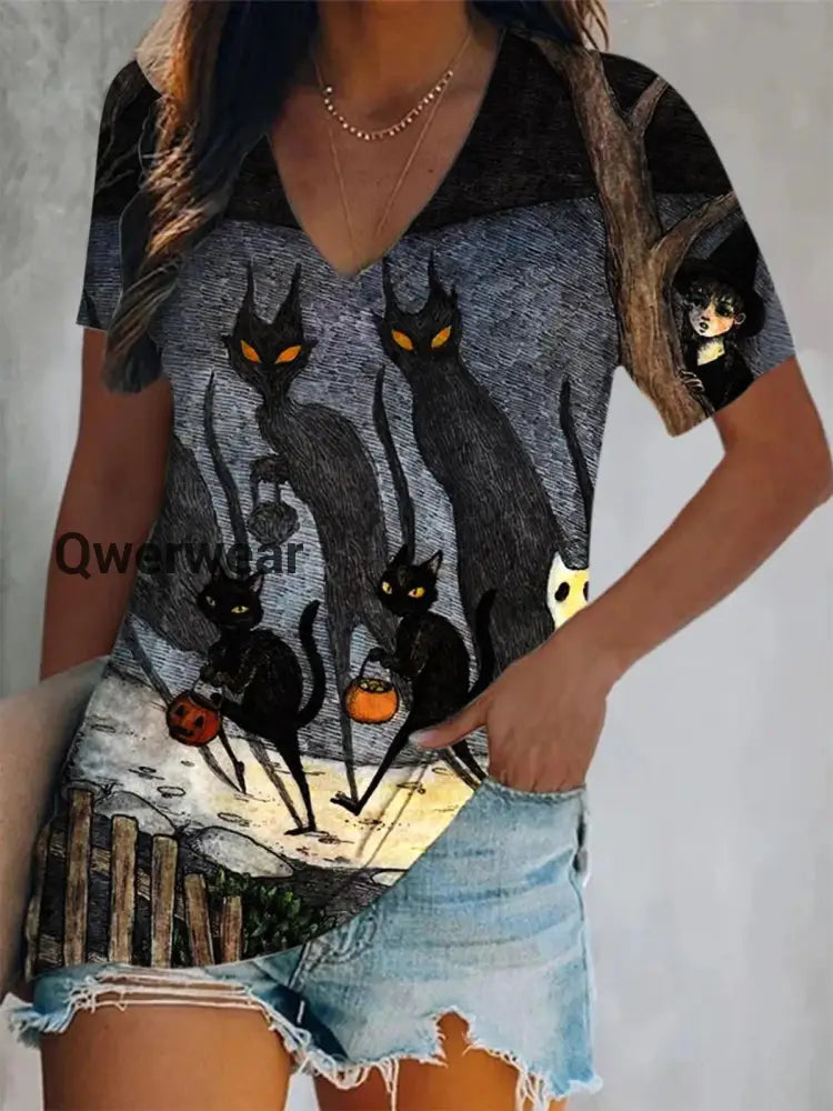 Women’s Spooky Black Cats Print V-Neck Casual T-Shirt A / S