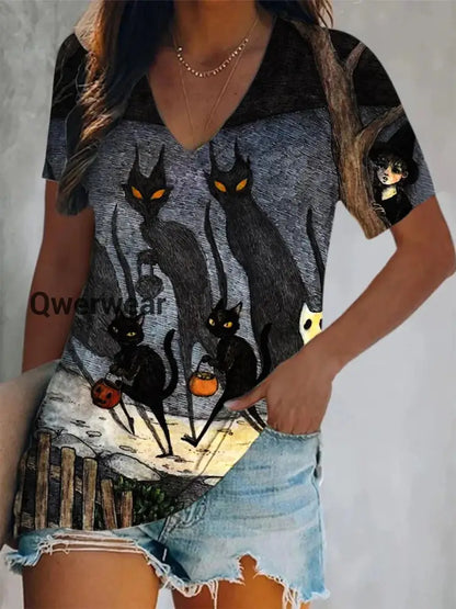 Women’s Spooky Black Cats Print V-Neck Casual T-Shirt A / S