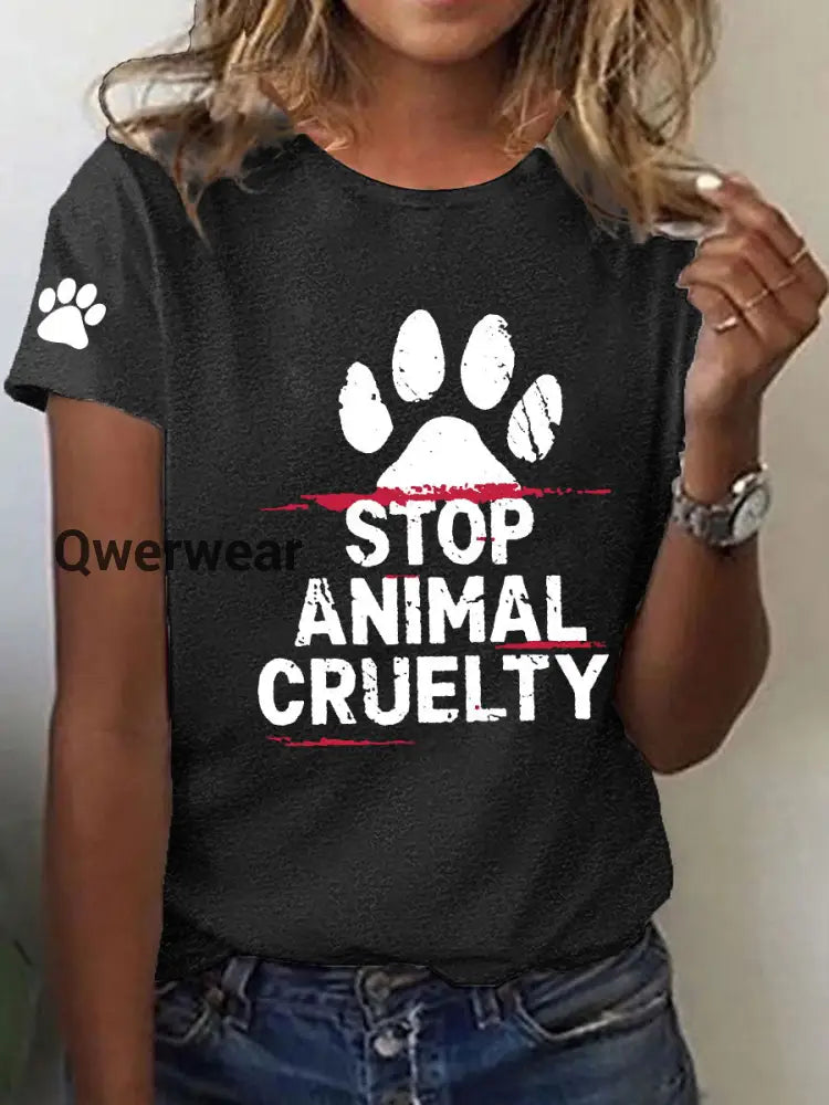 Women’s Stop Animal Cruelty Print V-Neck T-Shirt Black / S