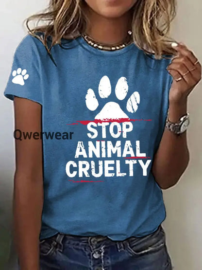 Women’s Stop Animal Cruelty Print V-Neck T-Shirt Blue / S