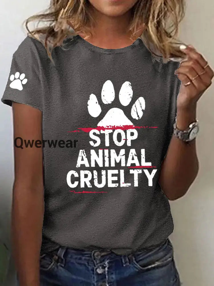 Women’s Stop Animal Cruelty Print V-Neck T-Shirt Dark Gray / S