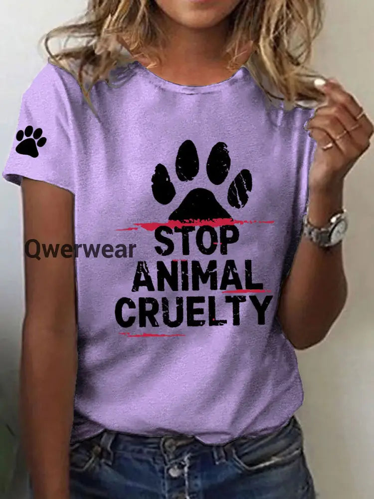 Women’s Stop Animal Cruelty Print V-Neck T-Shirt Lavender / S