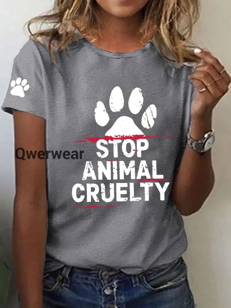 Women’s Stop Animal Cruelty Print V-Neck T-Shirt Light Gray / S