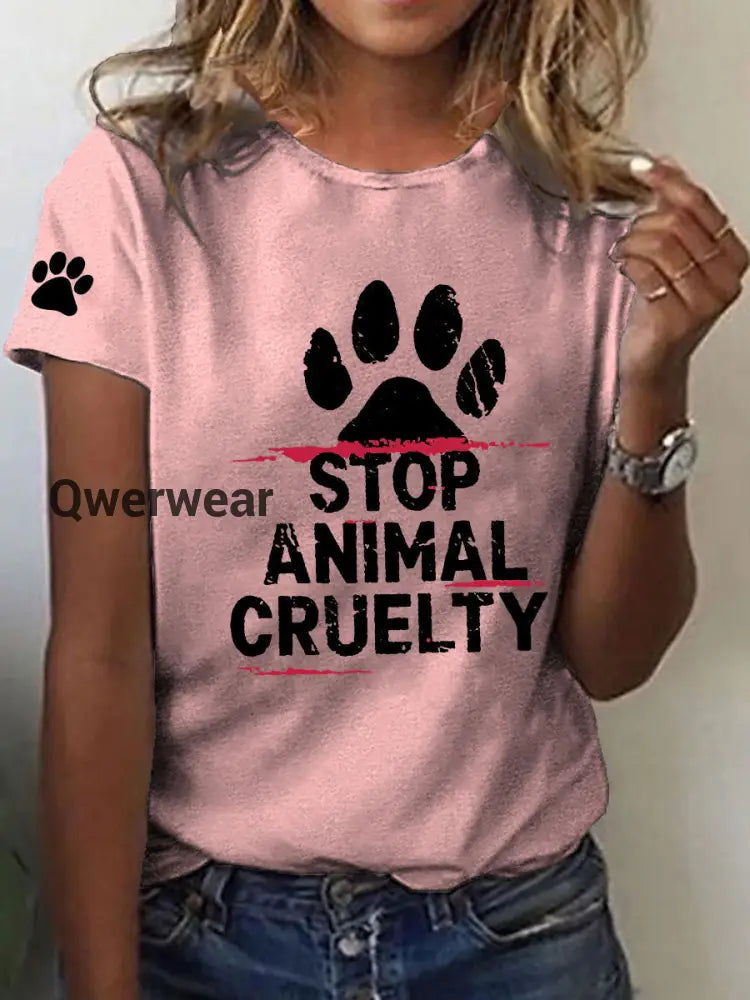Women’s Stop Animal Cruelty Print V-Neck T-Shirt Pink / S