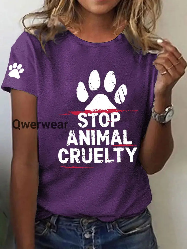 Women’s Stop Animal Cruelty Print V-Neck T-Shirt Purple / S