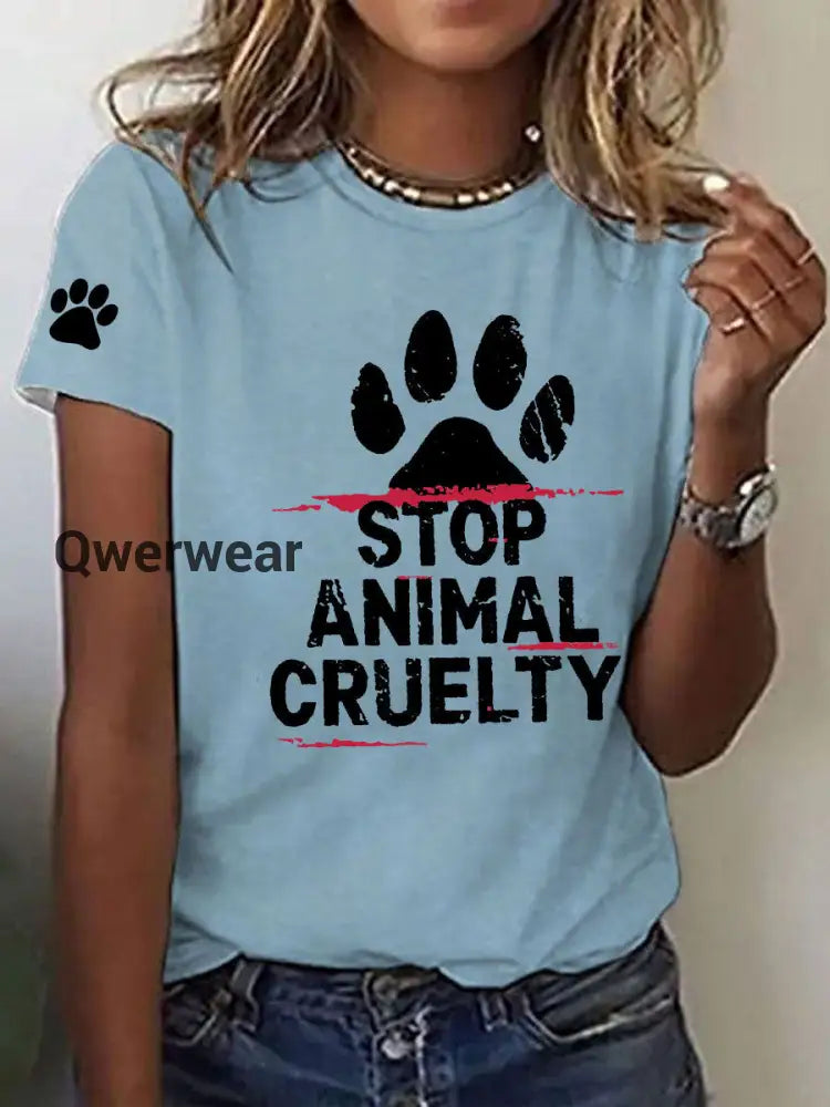 Women’s Stop Animal Cruelty Print V-Neck T-Shirt Sky Blue / S