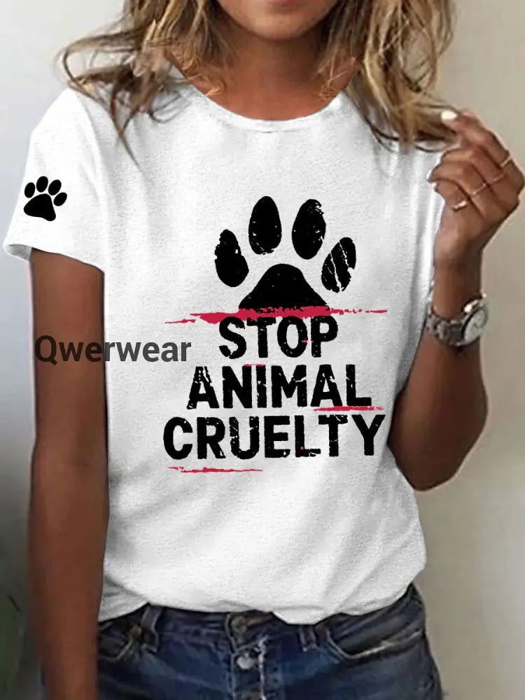 Women’s Stop Animal Cruelty Print V-Neck T-Shirt White / S