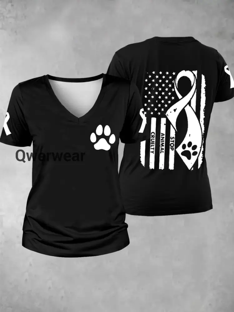Women’s stop animal cruelty V-neck T-shirt-TS-AF-34 Black / S