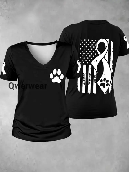 Women’s stop animal cruelty V-neck T-shirt-TS-AF-34 Black / S