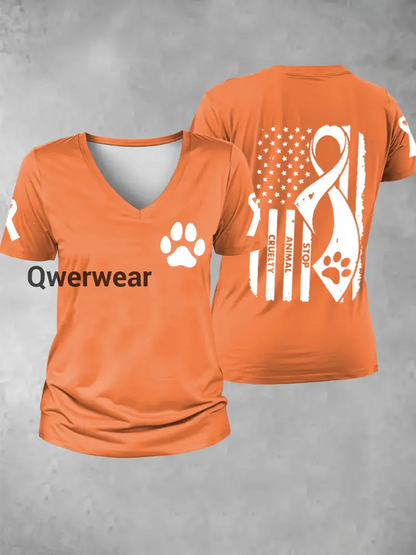 Women’s stop animal cruelty V-neck T-shirt-TS-AF-34 Orange / S