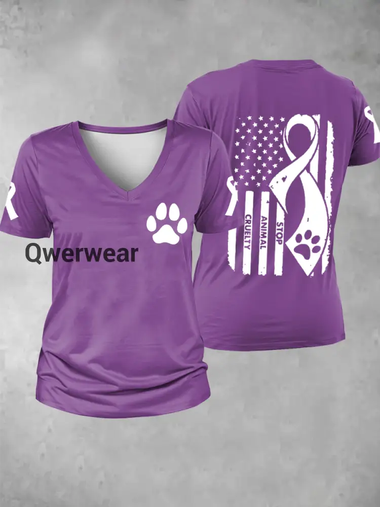 Women’s stop animal cruelty V-neck T-shirt-TS-AF-34 Purple / S