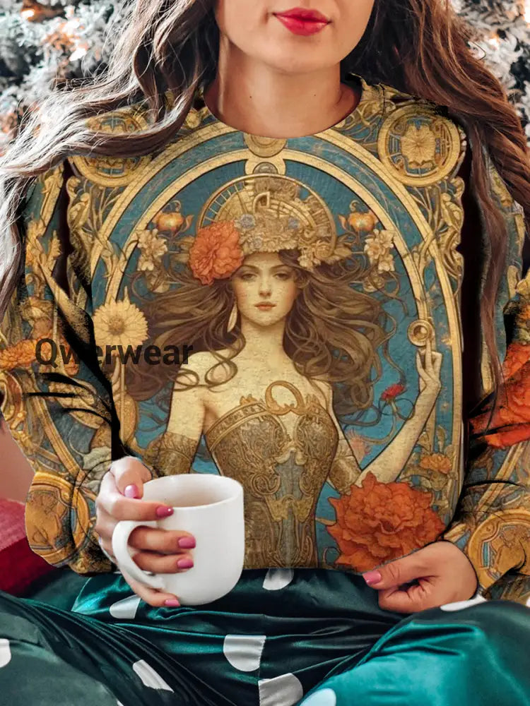 Women’s Tarot Goddess Pattern Casual Crew Neck Sweatshirt Khaki / S