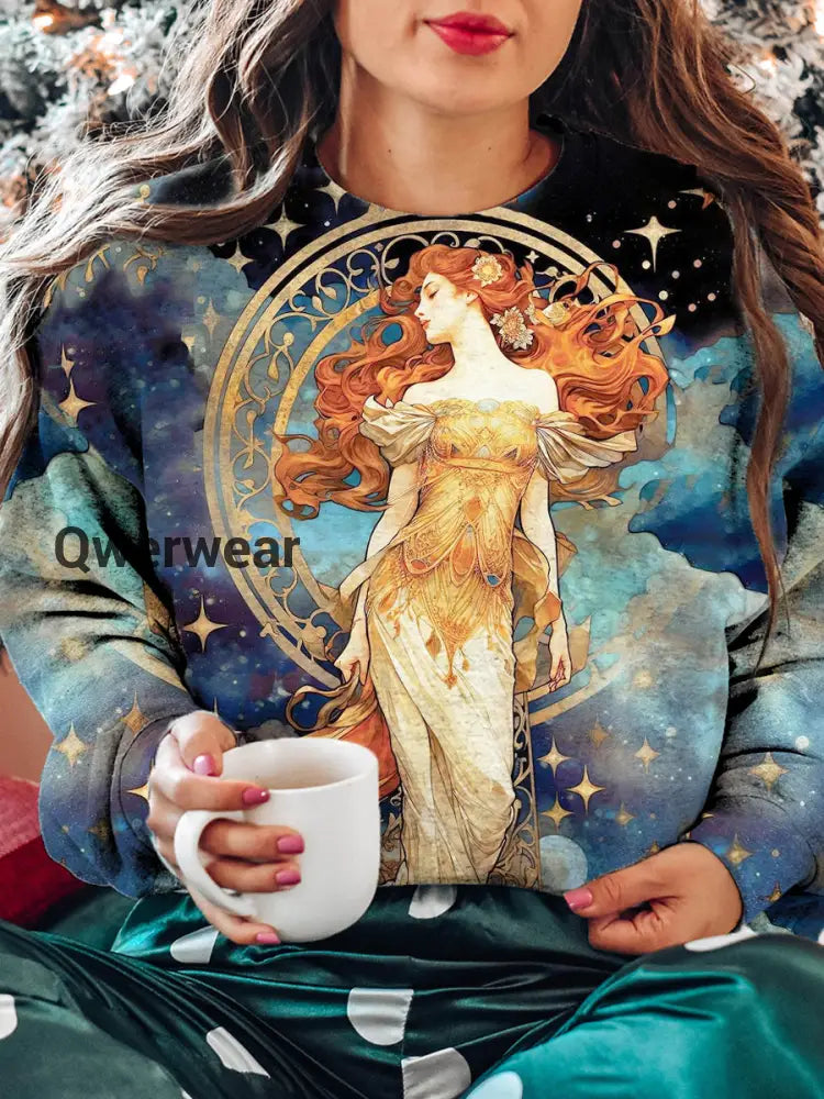 Women’s Tarot Moon Goddess Pattern Casual Crew Neck Sweatshirt Navy Blue / S