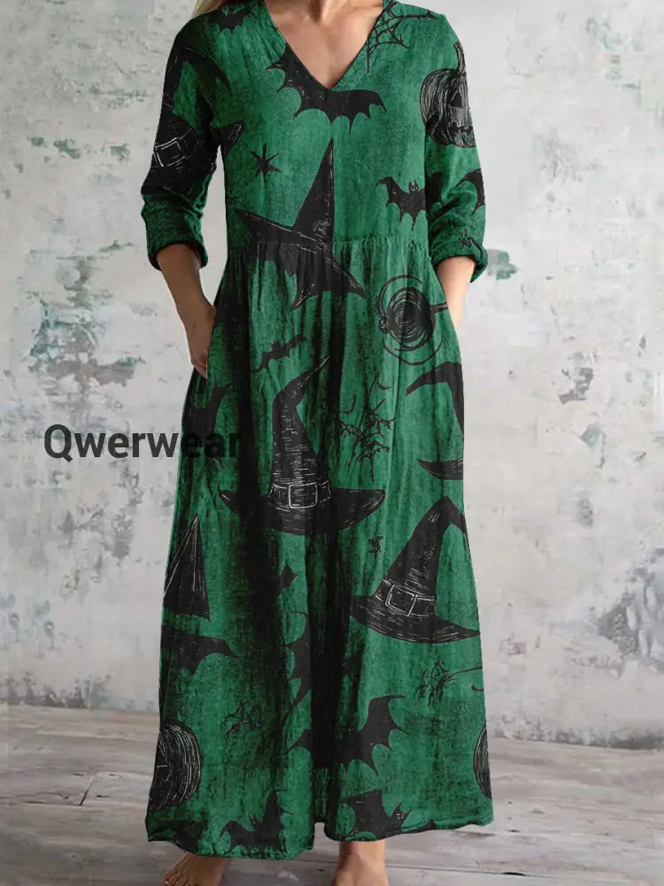 Women’s V-Neck Witch Art Print Pocket Dress Green / S