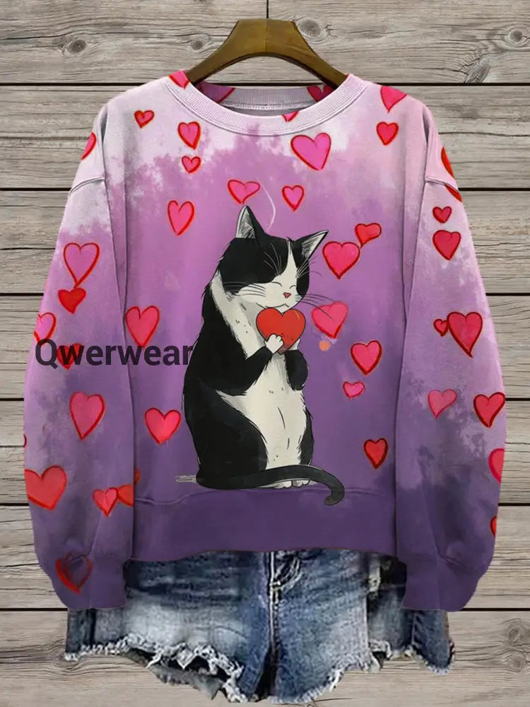 Women’s Valentine’s Day Cat Print Long Sleeve Casual Top Mixed Color / S