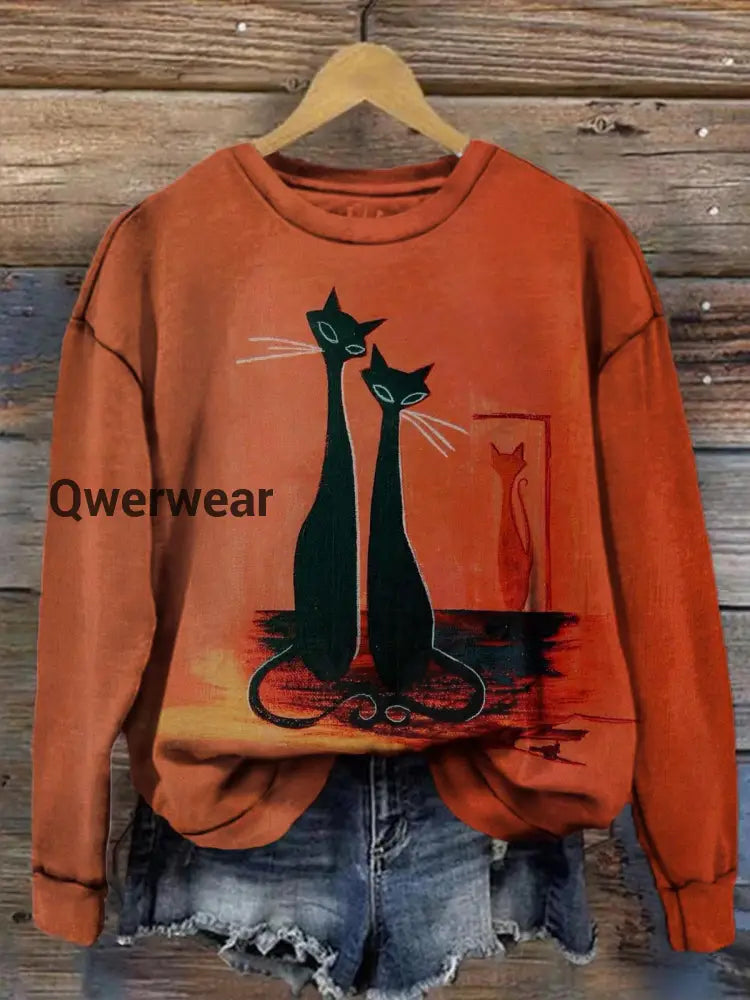 Women’s Valentine’s Day Cat Vintage Print Casual Long Sleeve Top Mixed Color / S