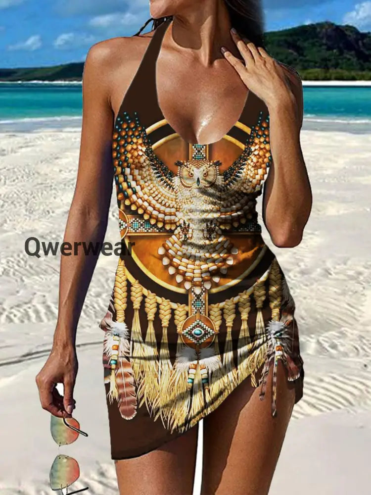 Women’s Vintage Art Print Pleated V-Neck Casual Swimsuit A / S