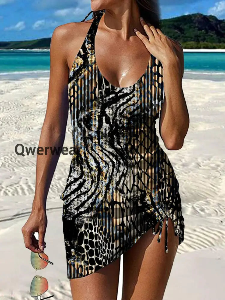 Women’s Vintage Art Print Pleated V-Neck Casual Swimsuit A / S
